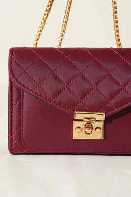 Gold Kilitli Zincir Askılı Kadın El Çantası Bordo - Kol Çantası