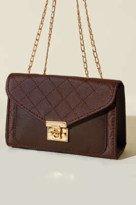 Gold Kilitli Zincir Askılı Kadın El Çantası Kahve 