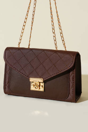 Gold Kilitli Zincir Askılı Kadın El Çantası Kahve - Kol Çantası