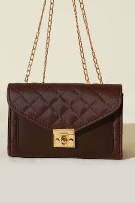 Gold Kilitli Zincir Askılı Kadın El Çantası Kahve - Kol Çantası