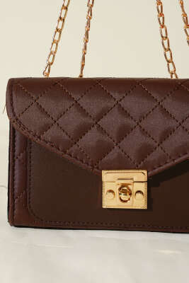 Gold Kilitli Zincir Askılı Kadın El Çantası Kahve - Kol Çantası