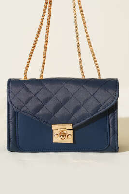 Gold Kilitli Zincir Askılı Kadın El Çantası Lacivert - Kol Çantası