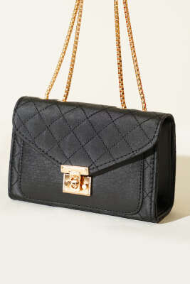 Gold Kilitli Zincir Askılı Kadın El Çantası Siyah 