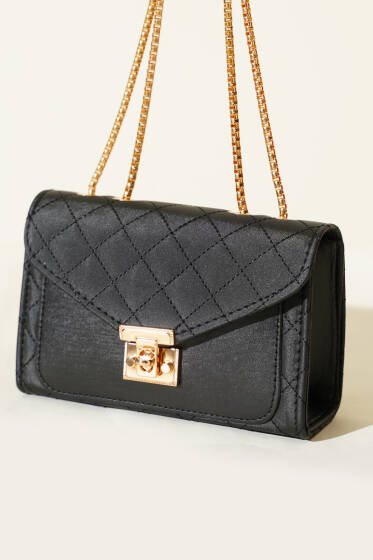 Gold Kilitli Zincir Askılı Kadın El Çantası Siyah - Kol Çantası