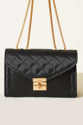 Gold Kilitli Zincir Askılı Kadın El Çantası Siyah - Kol Çantası