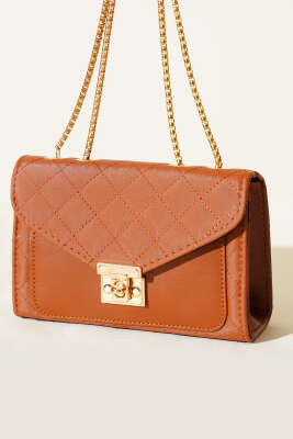 Gold Kilitli Zincir Askılı Kadın El Çantası Taba 