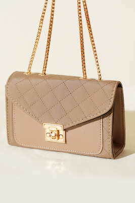 Gold Kilitli Zincir Askılı Kadın El Çantası Vizon 