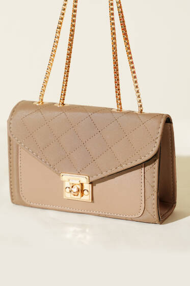 Gold Kilitli Zincir Askılı Kadın El Çantası Vizon - Kol Çantası