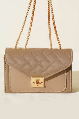 Gold Kilitli Zincir Askılı Kadın El Çantası Vizon - Kol Çantası