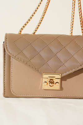 Gold Kilitli Zincir Askılı Kadın El Çantası Vizon - Kol Çantası