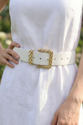 Gold Örgü Tokalı Kemer Beyaz - Deri Kemer
