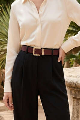 Gold Örgü Tokalı Kemer Bordo - Deri Kemer