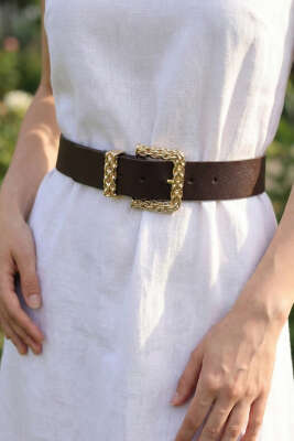 Gold Örgü Tokalı Kemer Kahve - Deri Kemer