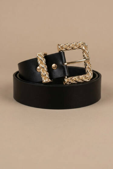 Gold Örgü Tokalı Kemer Siyah - Deri Kemer
