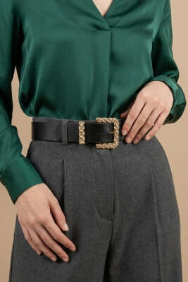 Gold Örgü Tokalı Kemer Siyah - Deri Kemer