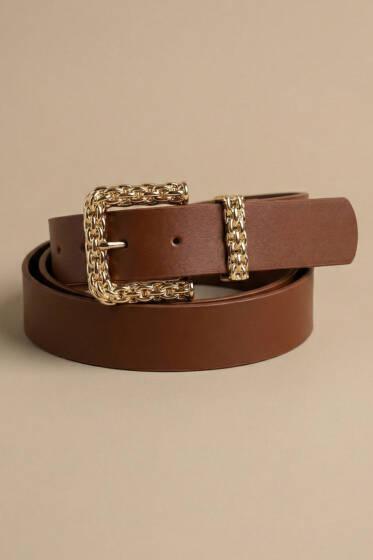 Gold Örgü Tokalı Kemer Taba - Deri Kemer