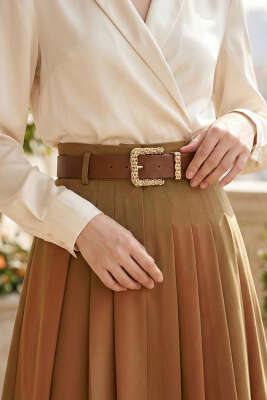 Gold Örgü Tokalı Kemer Taba - Deri Kemer