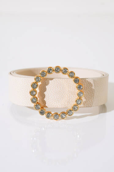 Gold Parlak Tokalı Bej Kemer - Deri Kemer