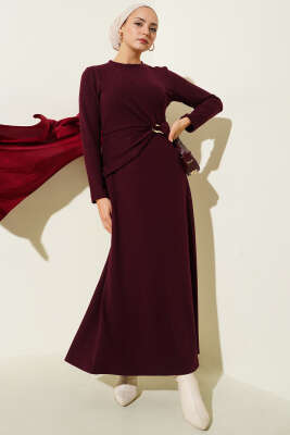 Gold Tokalı Fitilli Elbise Bordo - DUFON