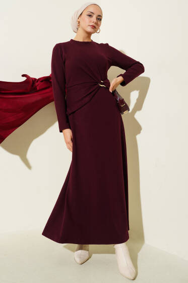 Gold Tokalı Fitilli Elbise Bordo - Elbise