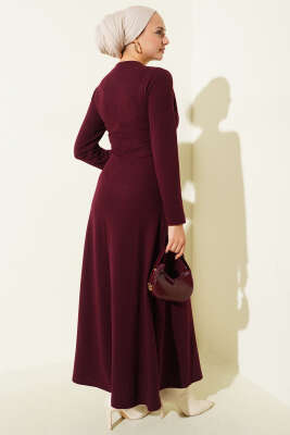 Gold Tokalı Fitilli Elbise Bordo - Elbise