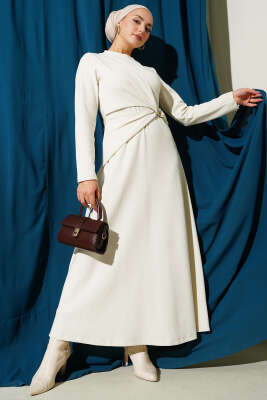 Gold Tokalı Fitilli Elbise Ekru - DUFON