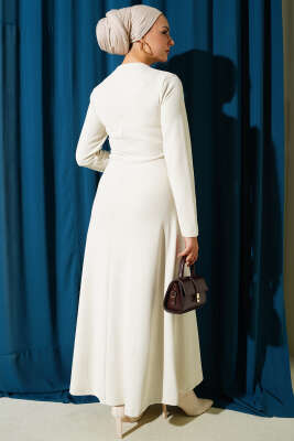 Gold Tokalı Fitilli Elbise Ekru - Elbise