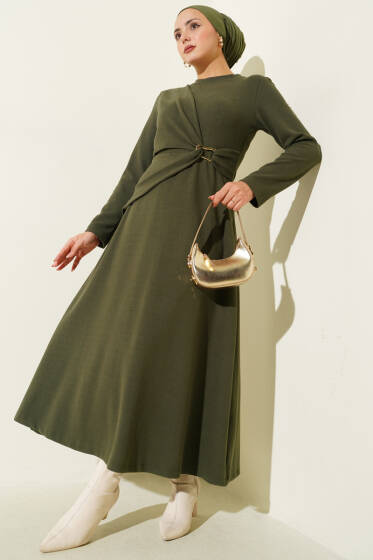 Gold Tokalı Fitilli Elbise Haki - Elbise