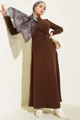 Gold Tokalı Fitilli Elbise Kahve - DUFON