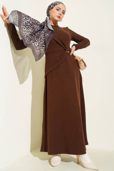 Gold Tokalı Fitilli Elbise Kahve - Elbise