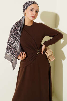 Gold Tokalı Fitilli Elbise Kahve - Elbise