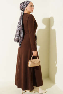 Gold Tokalı Fitilli Elbise Kahve - Elbise