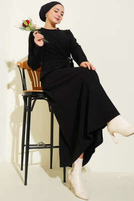 Gold Tokalı Fitilli Elbise Siyah - DUFON