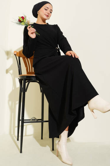 Gold Tokalı Fitilli Elbise Siyah - Elbise