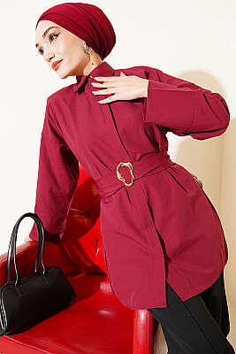 Gold Tokalı Gizli Düğmeli Gömlek Bordo 