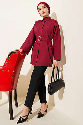 Gold Tokalı Gizli Düğmeli Gömlek Bordo - Gömlek