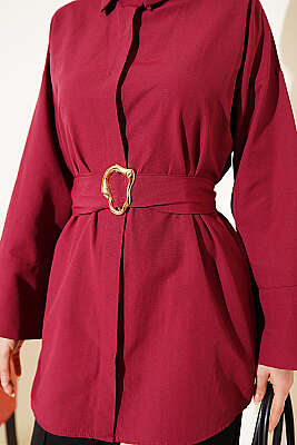 Gold Tokalı Gizli Düğmeli Gömlek Bordo - Gömlek