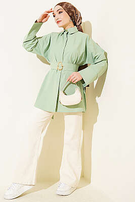 Gold Tokalı Gizli Düğmeli Gömlek Çağla Yeşili - Gömlek