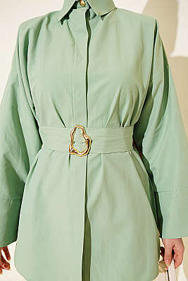 Gold Tokalı Gizli Düğmeli Gömlek Çağla Yeşili - Gömlek