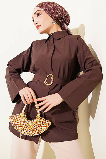 Gold Tokalı Gizli Düğmeli Gömlek Kahve - Gömlek