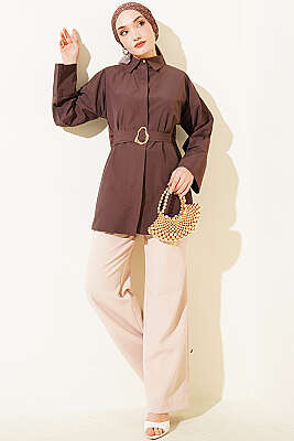 Gold Tokalı Gizli Düğmeli Gömlek Kahve - Gömlek