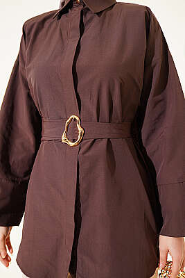 Gold Tokalı Gizli Düğmeli Gömlek Kahve - Gömlek