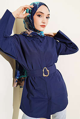 Gold Tokalı Gizli Düğmeli Gömlek Lacivert 