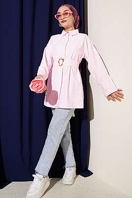 Gold Tokalı Gizli Düğmeli Gömlek Pembe - Gömlek