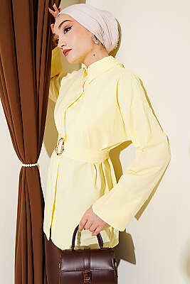 Gold Tokalı Gizli Düğmeli Gömlek Sarı - NEVA MODA