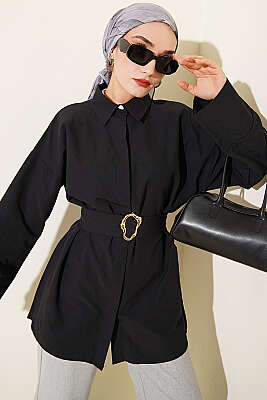 Gold Tokalı Gizli Düğmeli Gömlek Siyah 