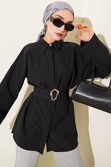 Gold Tokalı Gizli Düğmeli Gömlek Siyah - Gömlek