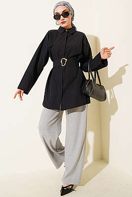 Gold Tokalı Gizli Düğmeli Gömlek Siyah - Gömlek