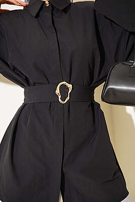 Gold Tokalı Gizli Düğmeli Gömlek Siyah - Gömlek