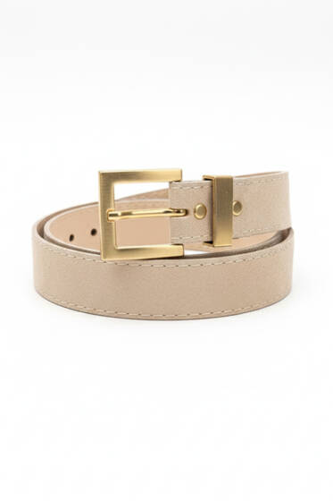 Gold Tokalı Klasik Kemer Bej Süet - Süet Kemer